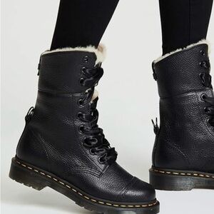Dr. Marten’s Amilita Aunt Sally Black Leather Faux Fur Lined Boot.